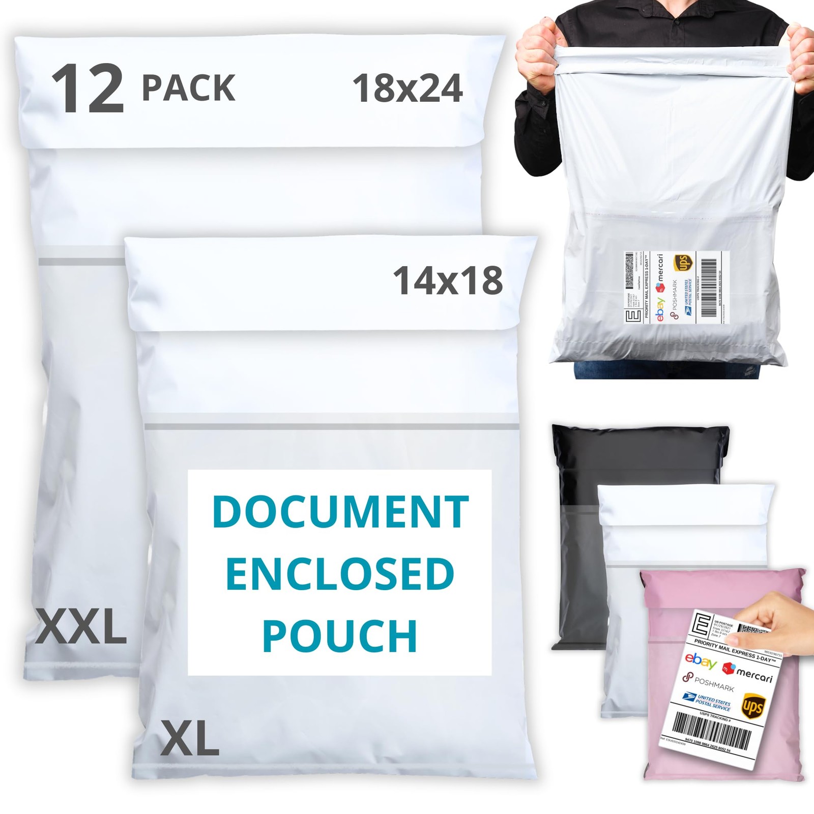 EMBALLAX Shipping Bags (12 Pack) with 2 Sizes Incl. 14×18 & 18×24, White