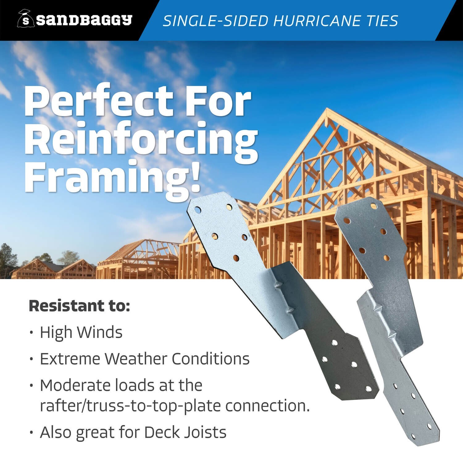 Sandbaggy Single-Sided Hurricane Ties for Rafters / Trusses – 18 Ga (Galvanized)