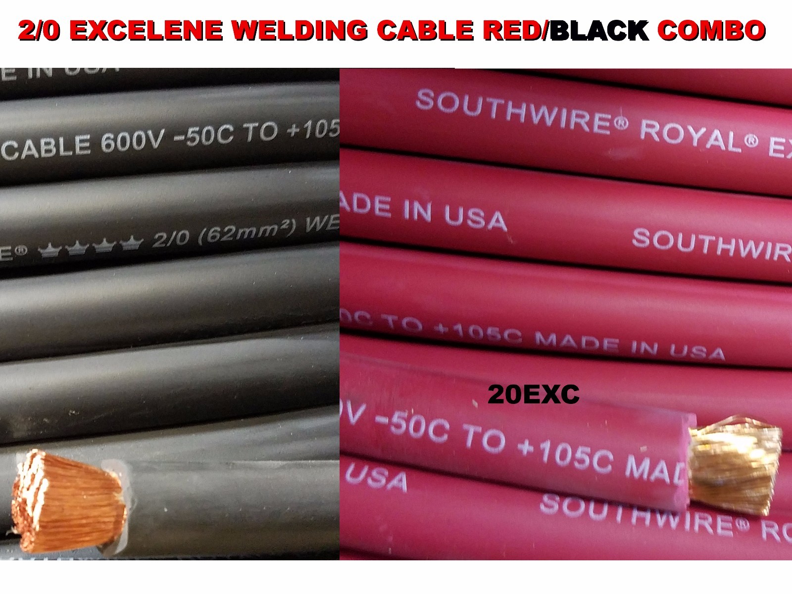 100′ 2/0 EXCELENE WELDING CABLE 50 FT RED & 50 FT BLACK USA MADE 105 EPDM JACKET