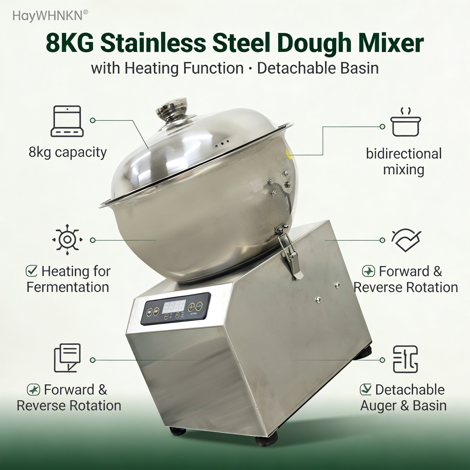 Commercial 8KG Dough Mixer w Detachable Basin, Auto Reverse, 3-Temp Heat & Lock