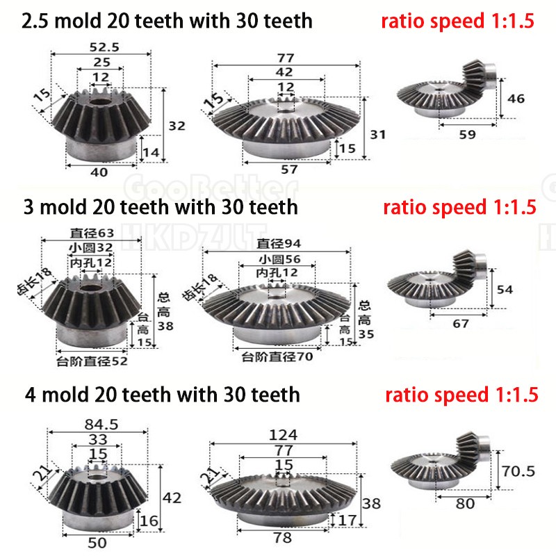 0.5/0.8/1/1.5 – 4 Mod Bevel Gear 10-70 Teeth Transmission Gears Bevel Teeth 90°