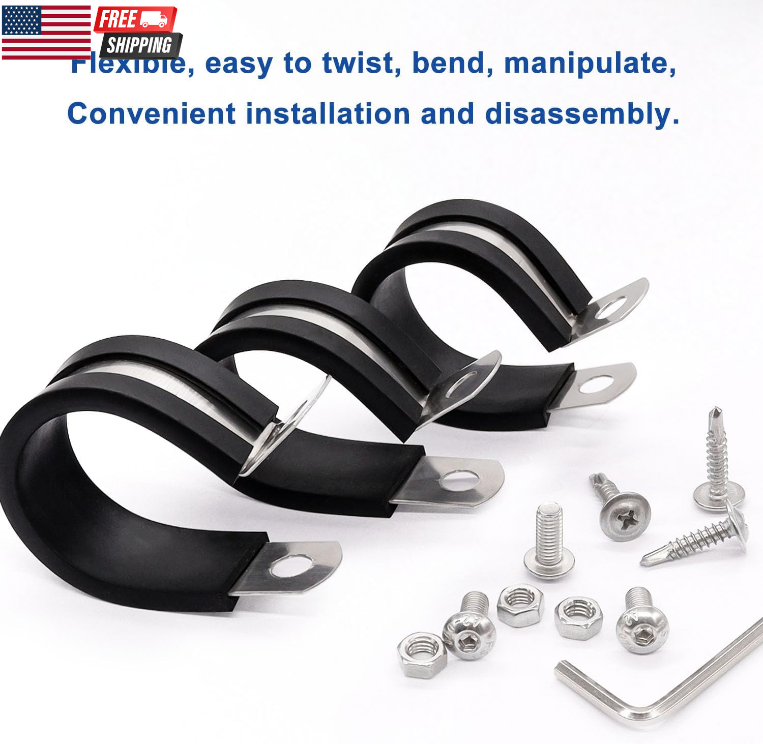 50PCS 3/8 Inch Cable Clamps 304 Stainless Steel Rubber Cushion Insulated Wire Cl
