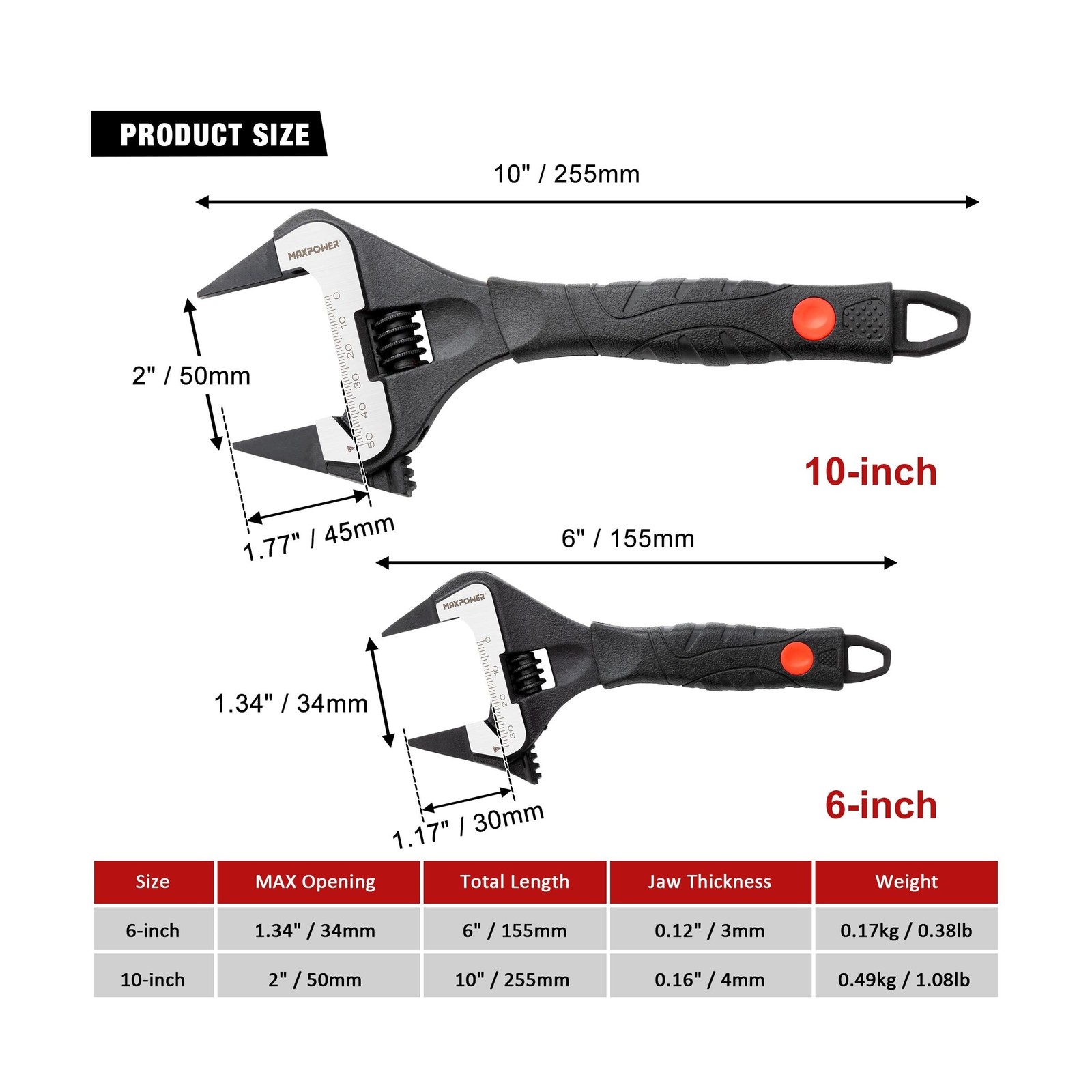 MAXPOWER Slim Adjustable Wrench Set, 6″ & 10″ Wide Jaw Opening, Dua… Fast Ship