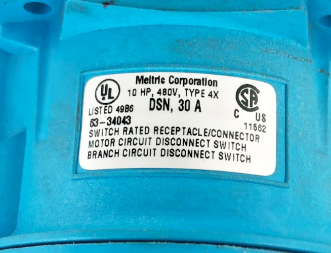 New Meltric 63-34043 Switch Rated Receptacle DSN30 480V 30A – No Box