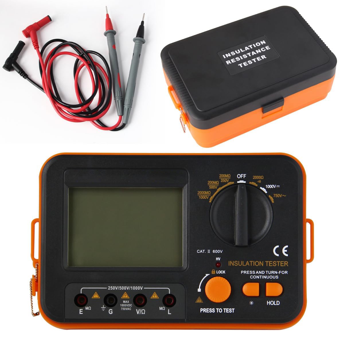 Digital Insulation Tester 250V/500V/1000V 2000MΩ 19999C Backlit LCD Data Hold