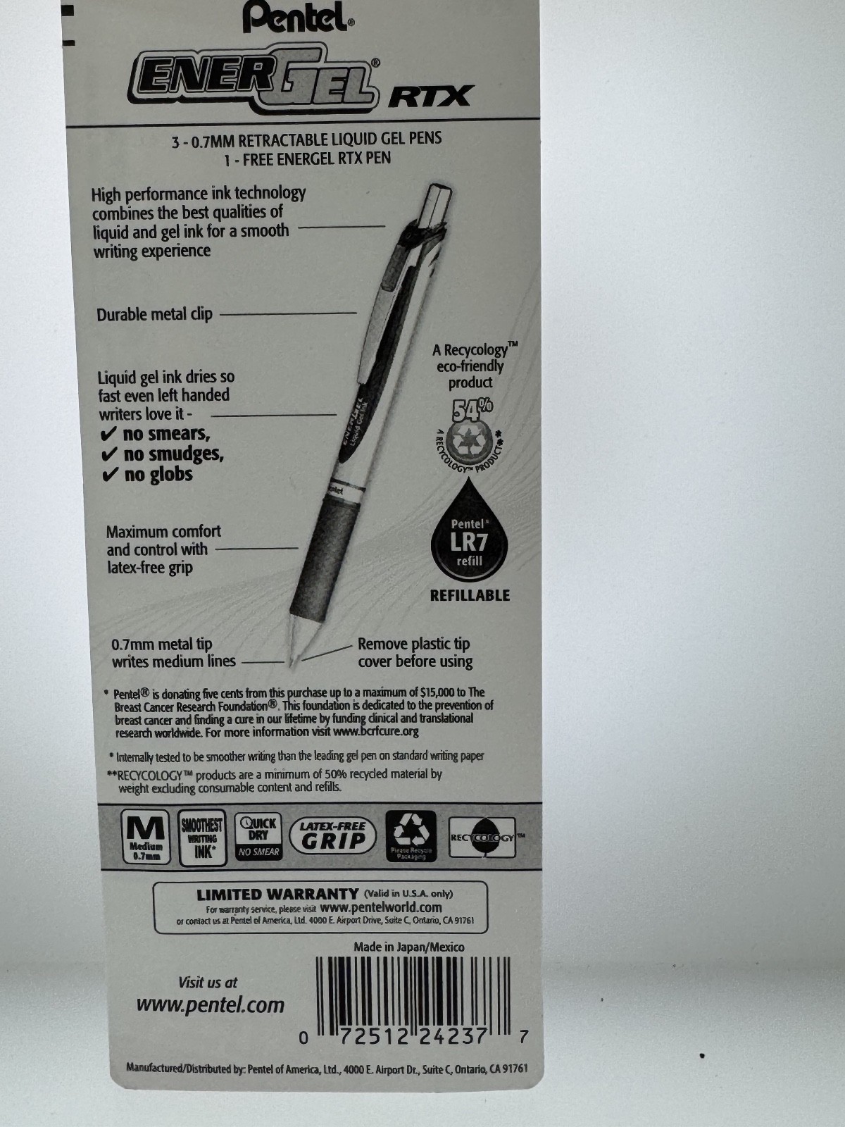 4 Pentel EnerGel RTX Gel Pens MEDIUM 0.7mm BLACK Ink LIQUID BCRF PEN CANCER PINK