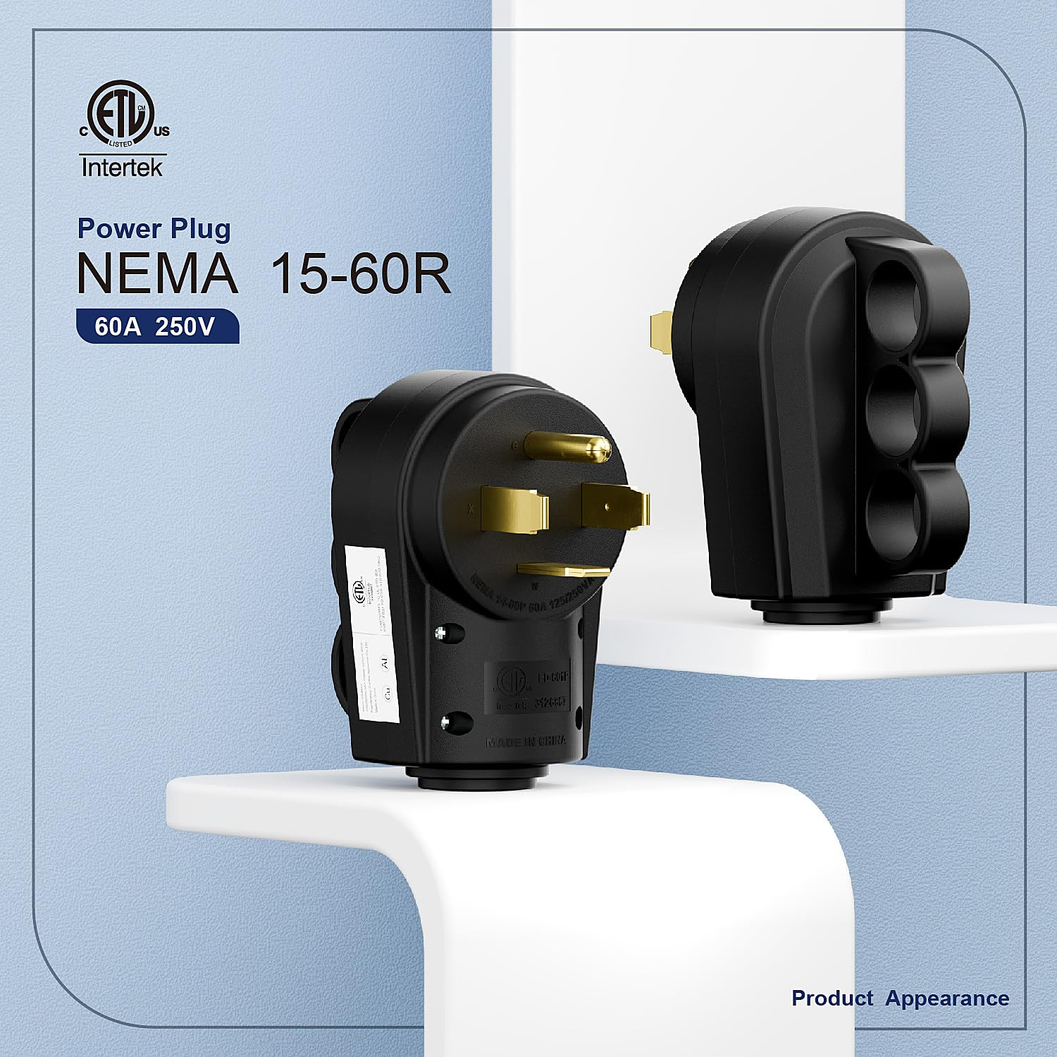 NEMA 15-60P Rewirable Plug, 60 Amp 250V 3-Prong Heavy-Duty Male Plug, ETL Listed