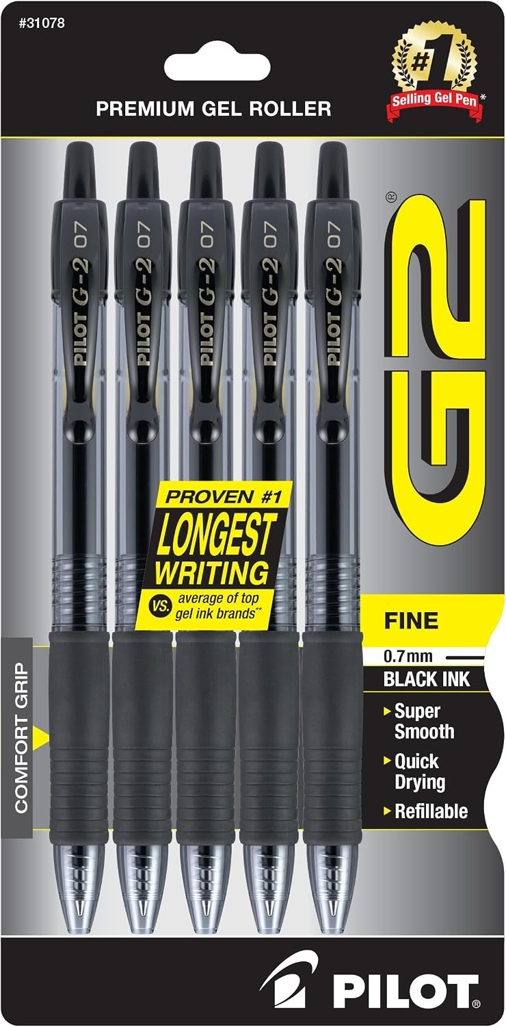 Black Ink G2 Gel Pens, 5-Pack, Fine Point 0.7mm for Everyday Use