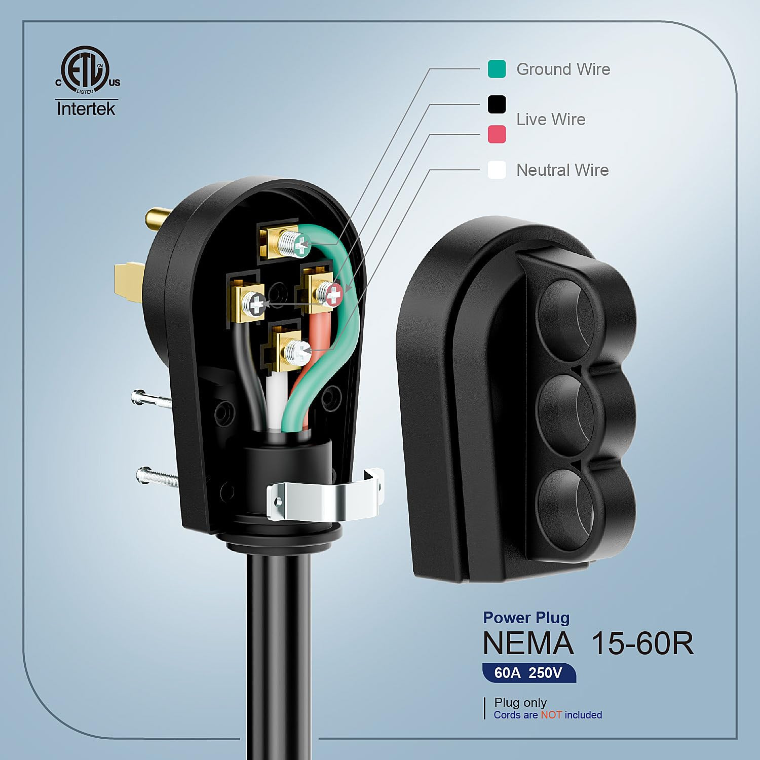 NEMA 15-60P Rewirable Plug, 60 Amp 250V 3-Prong Heavy-Duty Male Plug, ETL Listed