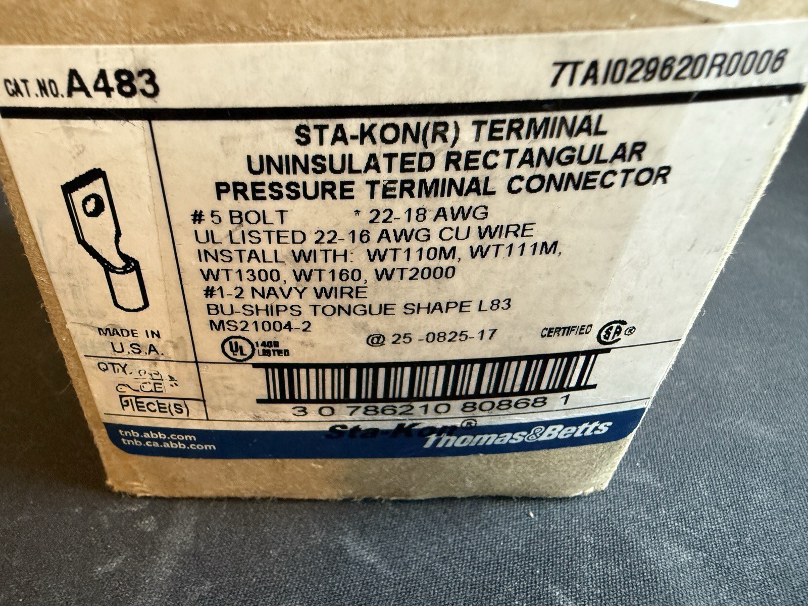 Lot of 100, ABB A483 Uninsulated Rectangular Pressure Terminal 22-18 AWG NEW