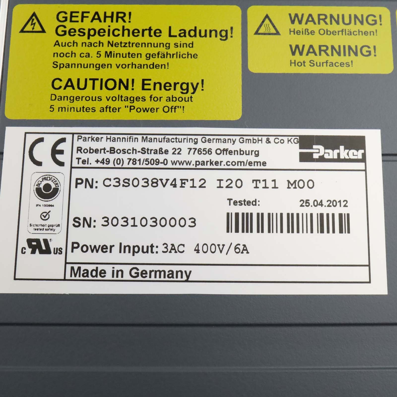 Parker Servo Drive Compax3 C3S038V4F12 I20 T11 M00 NOV