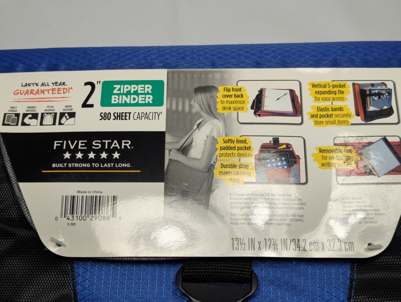 FIVE STAR Zipper Binder Blue & Black 2″ W/ Carrying Strap 2016 NEW College Work