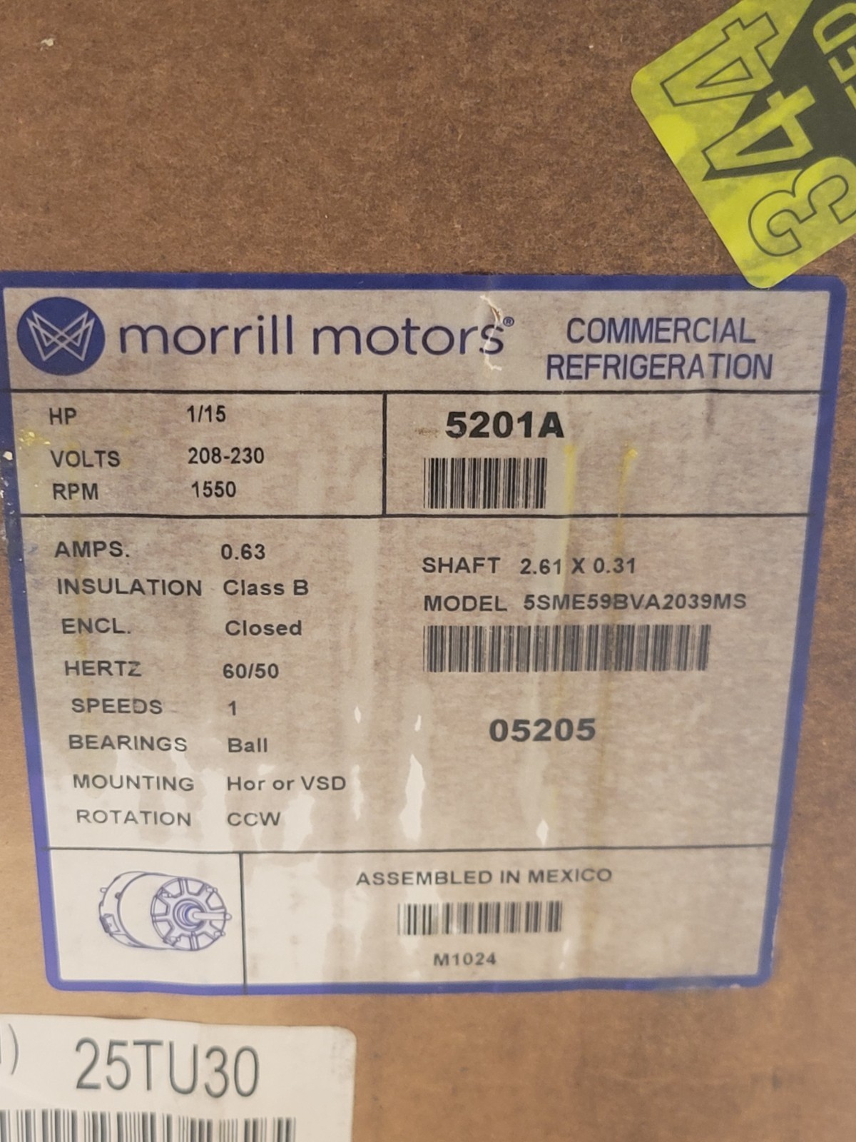 MORRILL MOTORS P/N 5201A 59 ECM REFRIGERATION MOTOR, 208-230V, 1/15HP, 1550RPM