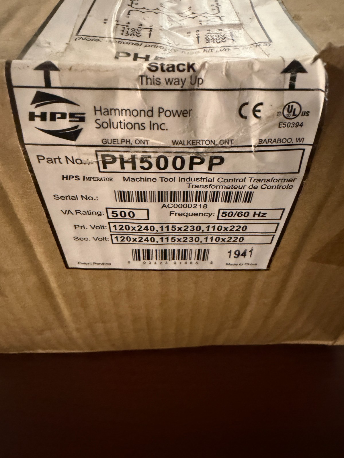Hammond Power Solutions PH500PP Transformer 500VA 120/240VAC