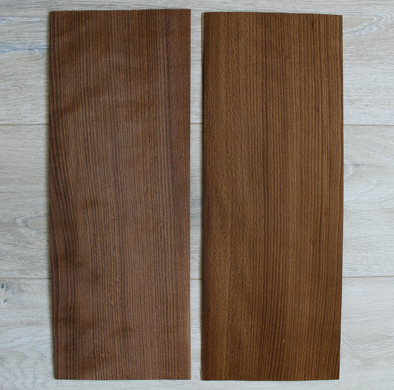 Beech Fumé wood veneer, 2 sheets, ~ 18.1 x 6.88″ (46 x 17.5cm), 0.55mm (~1/45″)