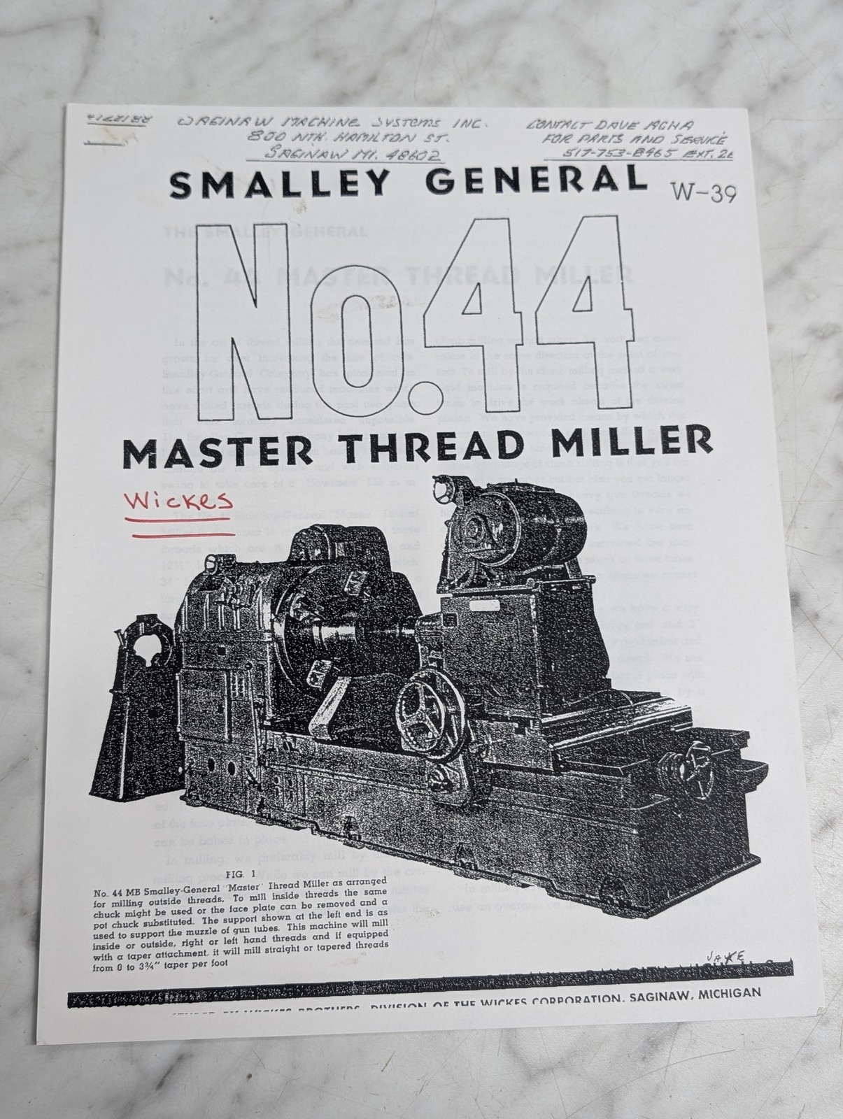 SMALLEY GENERAL NO 44 MASTER THREAD MILLER W 39 SALES BROCHURE LITERATURE