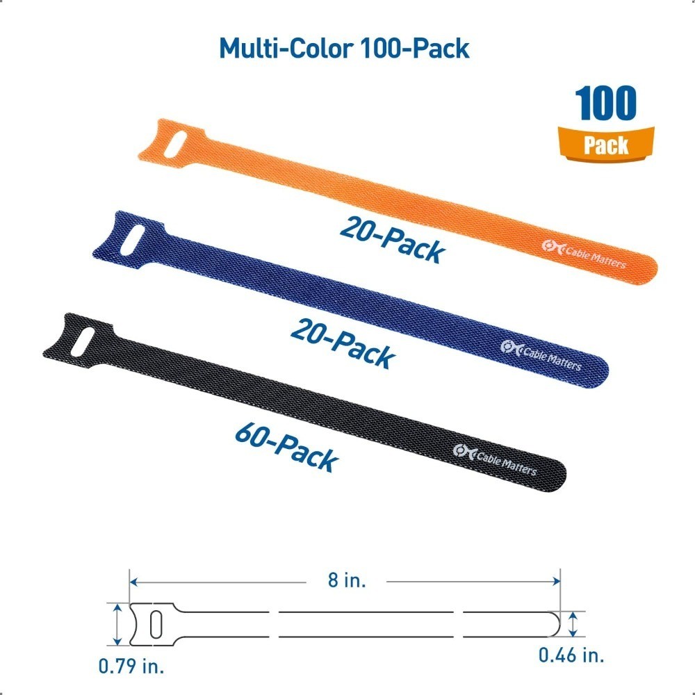 100-Pack 8-Inch Hook-and-Loop Reusable Cable Ties, Multicolor | 42 Lbs Tensile