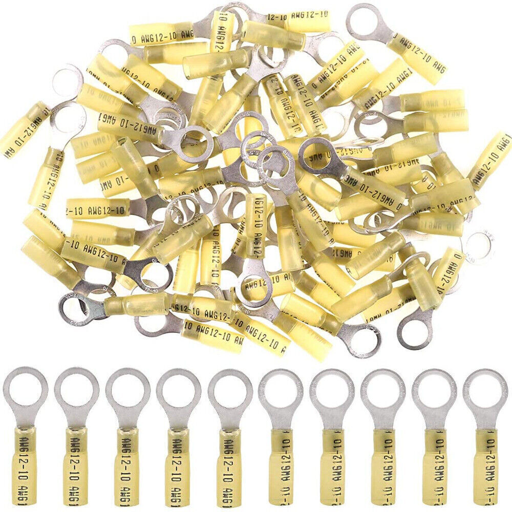 500/50Pcs 12-10AWG Waterproof Wire Crimp Connector Heat Shrink Ring Terminal M10