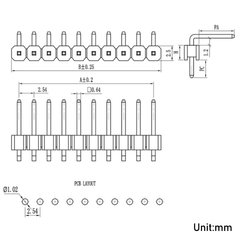 2.54mm 1*2 to 1*40Pin Male Header Pin Right Angle Single Row Strip PCB Connector