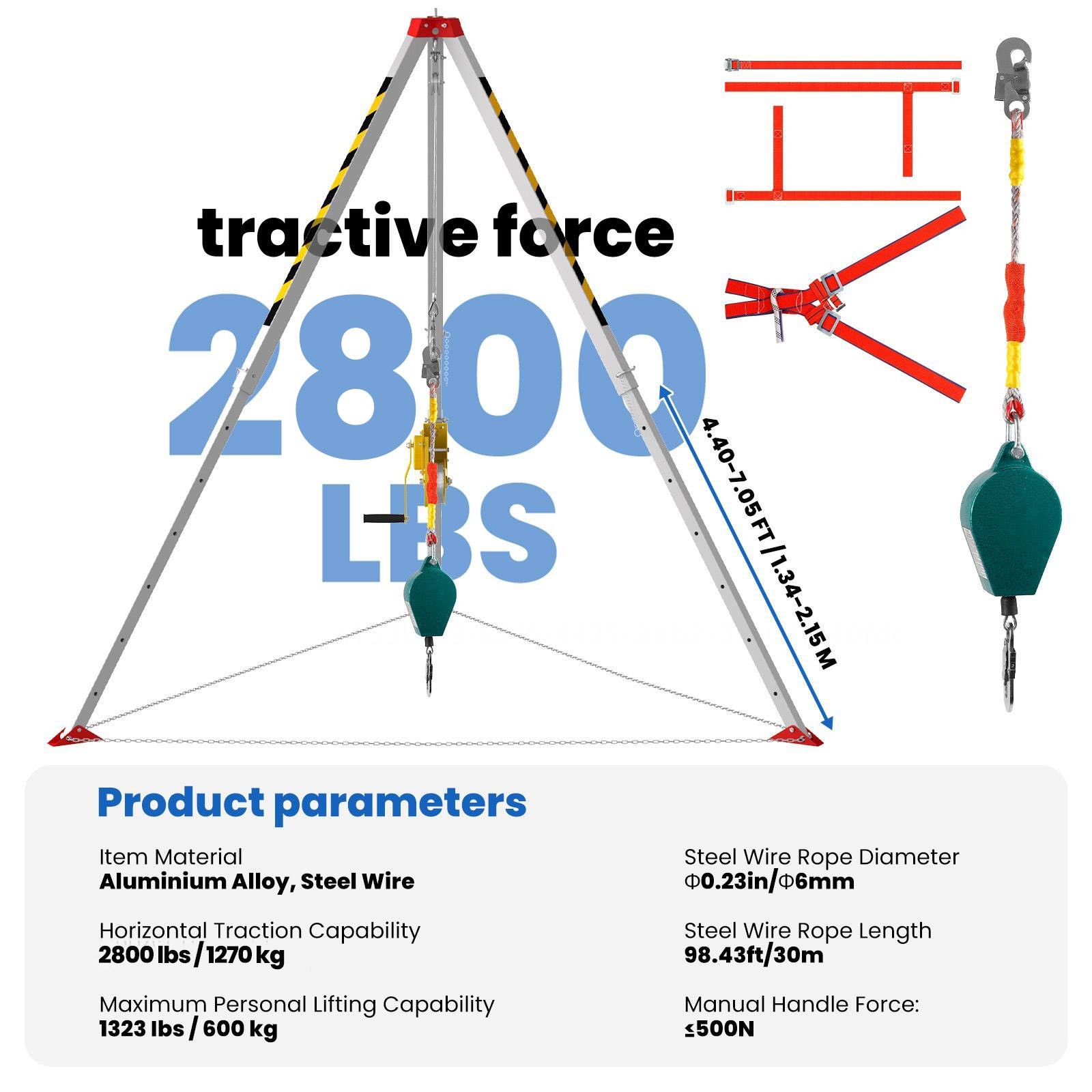 Confined Space Tripod, 2800LB/ 2000LB Sewer Rescue Tripod Kit w/8ft Safety Chain