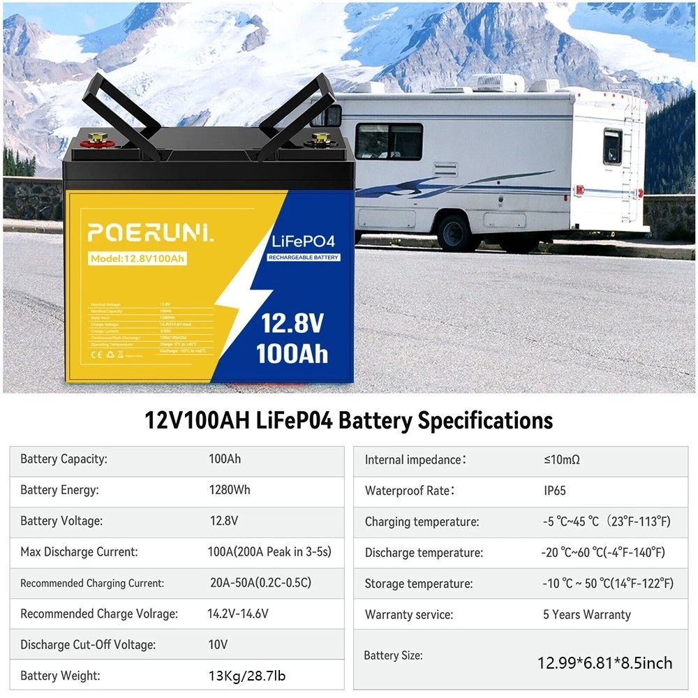 12V 100Ah LiFePO4 Lithium Battery 8000+ Deep Cycle BMS for Solar RV Off-grid