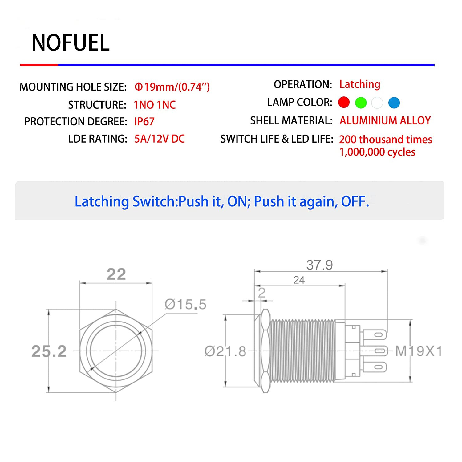 19mm Waterproof LATCH ON/OFF Stainless Steel Push Button Switch 12V LED