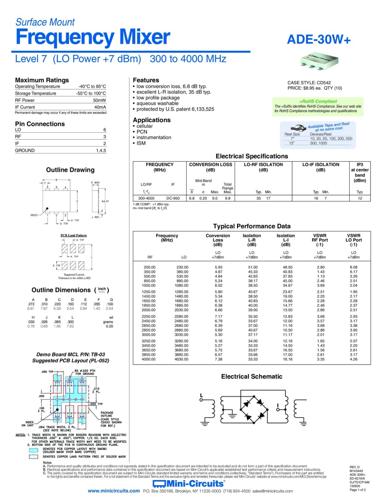 Mini-Circuits (MCL) ADE-30W+ Frequency Mixer 300 MHz -4,000 MHz (SMT)