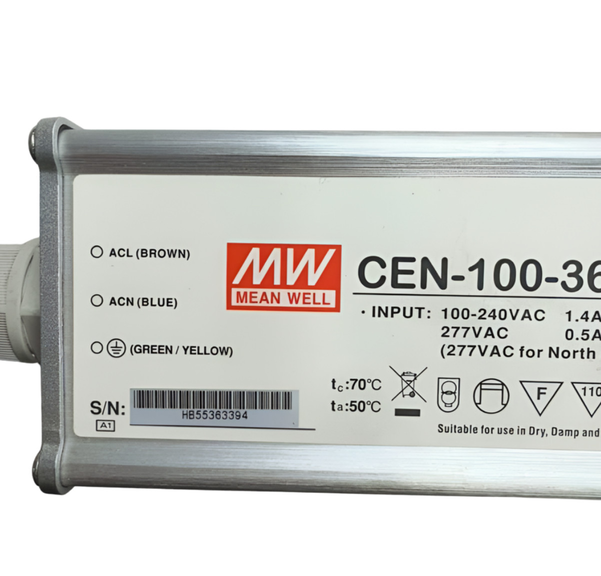 Mean Well CEN-100-36 Class 2 Power Supply, 100-240VAC 1.4A, 277VAC 0.5A
