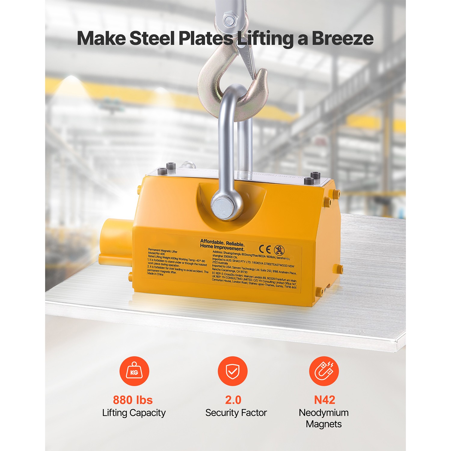 Uimoso Permanent Magnetic Lifter with 880 lbs Load Capacity, N42 Magnet