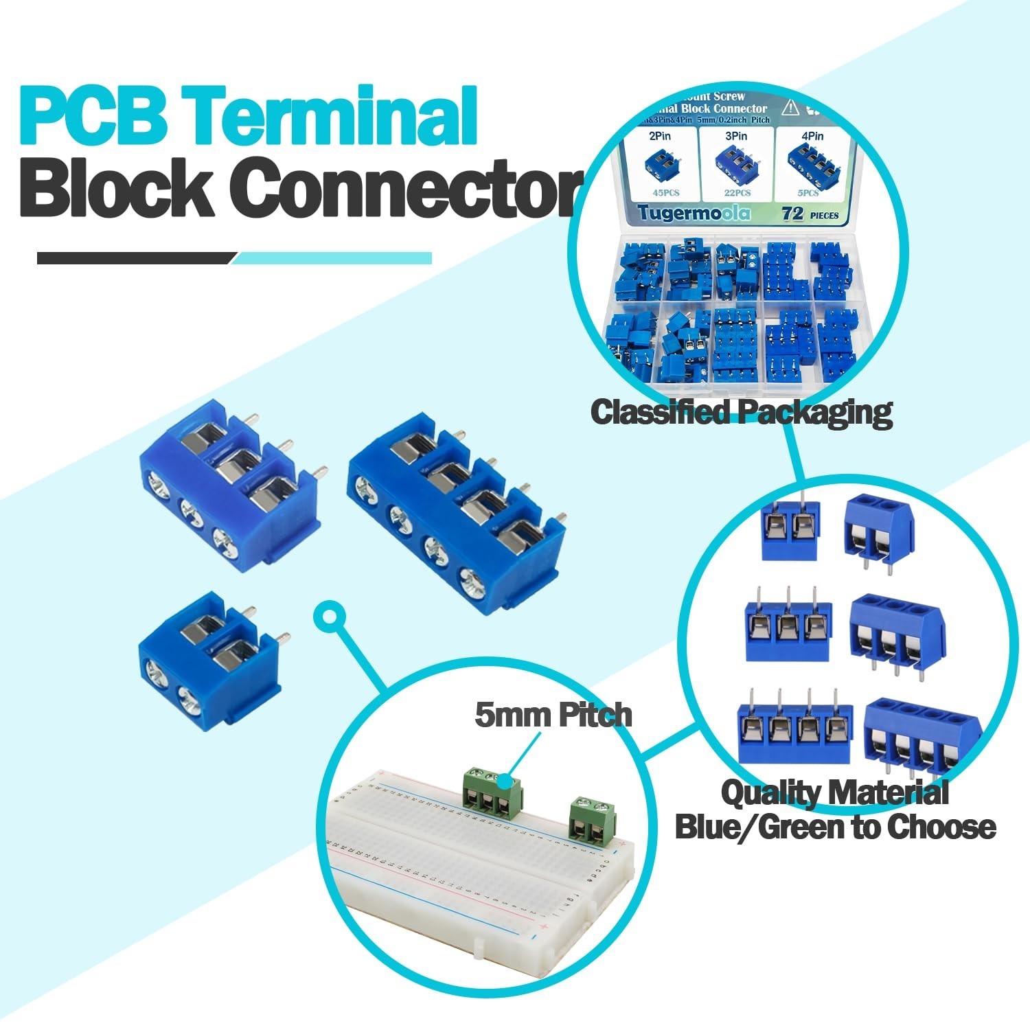 72PCS 5mm/0.2inch Pitch PCB Mount Screw Terminal Block Connector 2Pin 3Pin 4P…