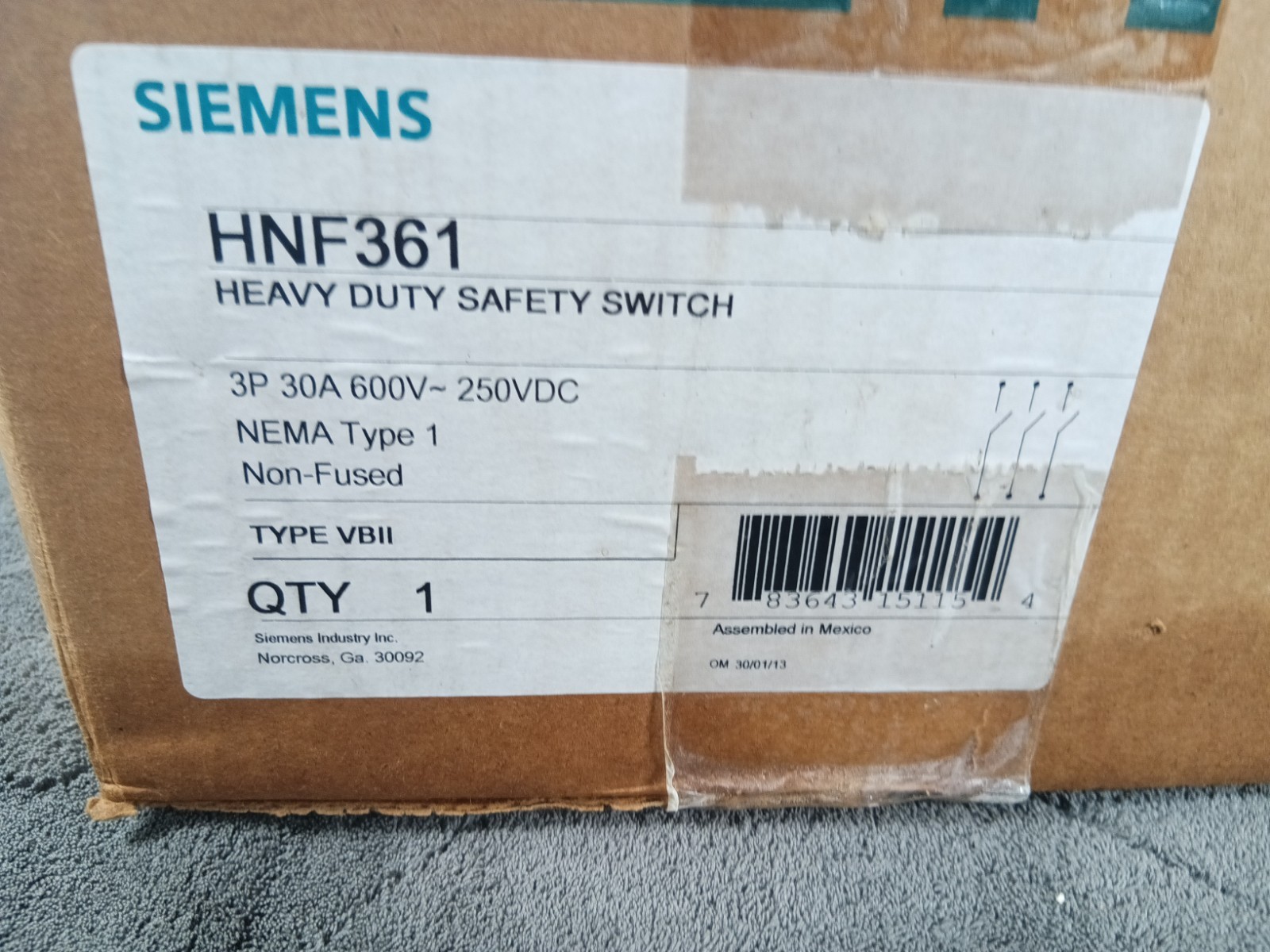 30 Amp 3 Pole 600V Non Fused Heavy Duty Safety Switch Quick Make Break Mechanism