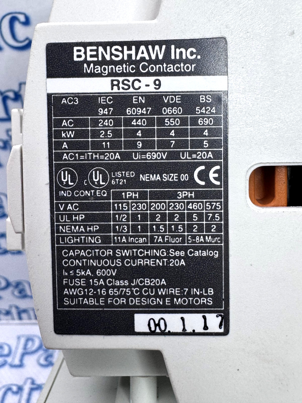 NEW BENSHAW RSC-9-COIL 120VAC COIL 3 POLE 2NO/2NC (T-89)