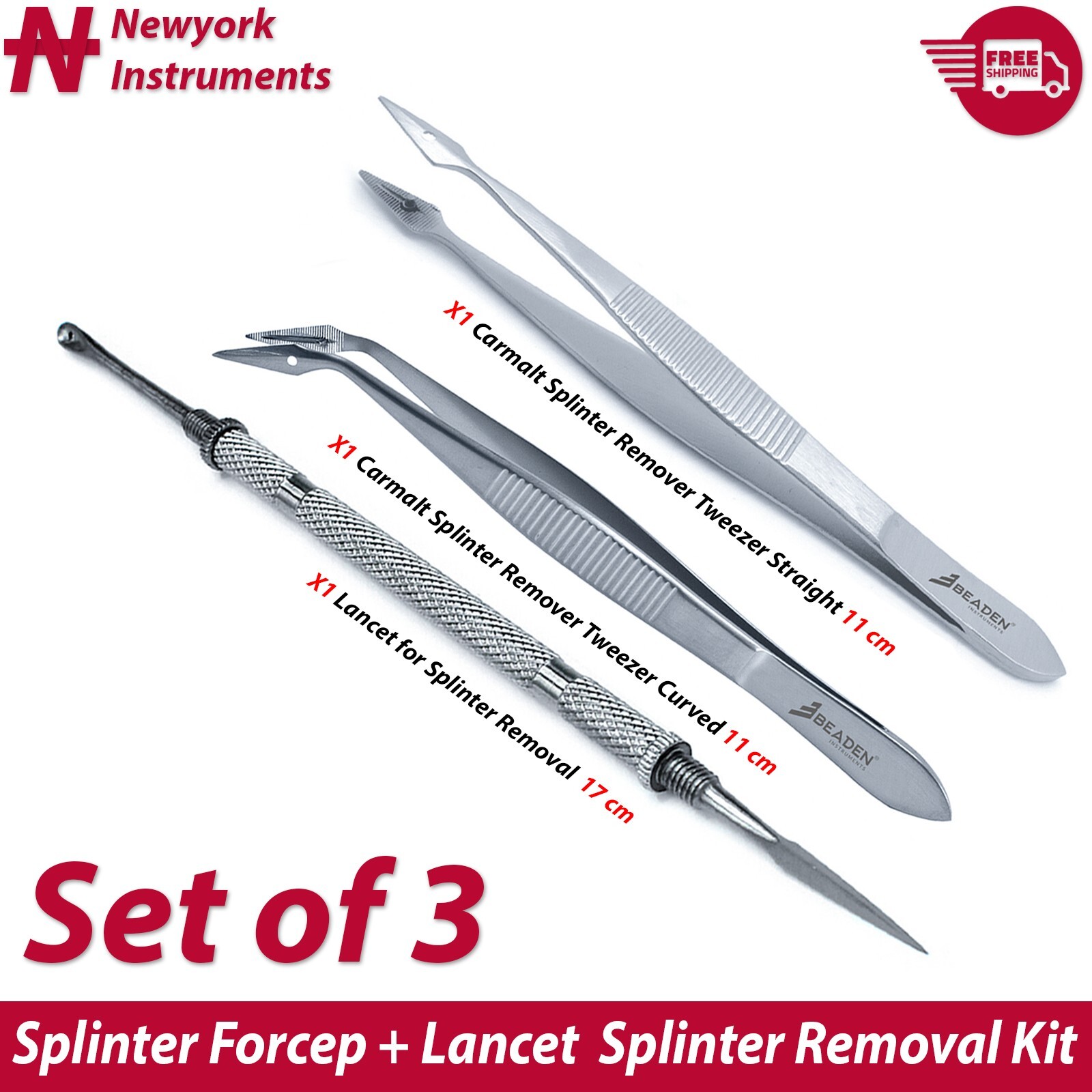 Carmalt Splinter Forceps Tweezers Str & Cur & Lancet For Splinter Removal Kit X3
