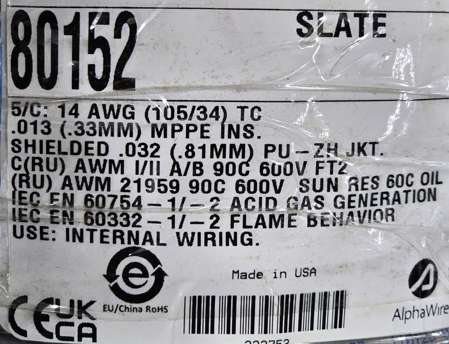 Alpha Wire 80152 14/5C EcoFlex PUR mPPE/PUR Shielded Hi-Flex Control Cable /5ft