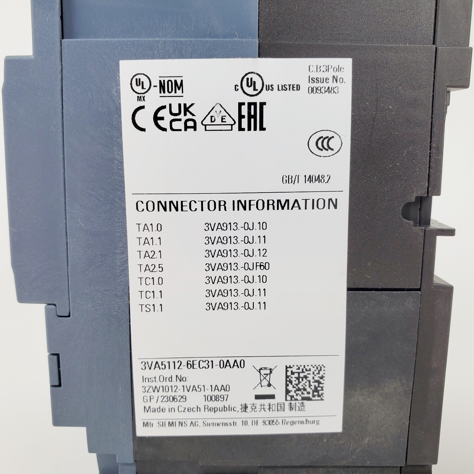 Siemens 3VA5112-6EC31-0AA0 3-Pole 125A Circuit Breaker , New!