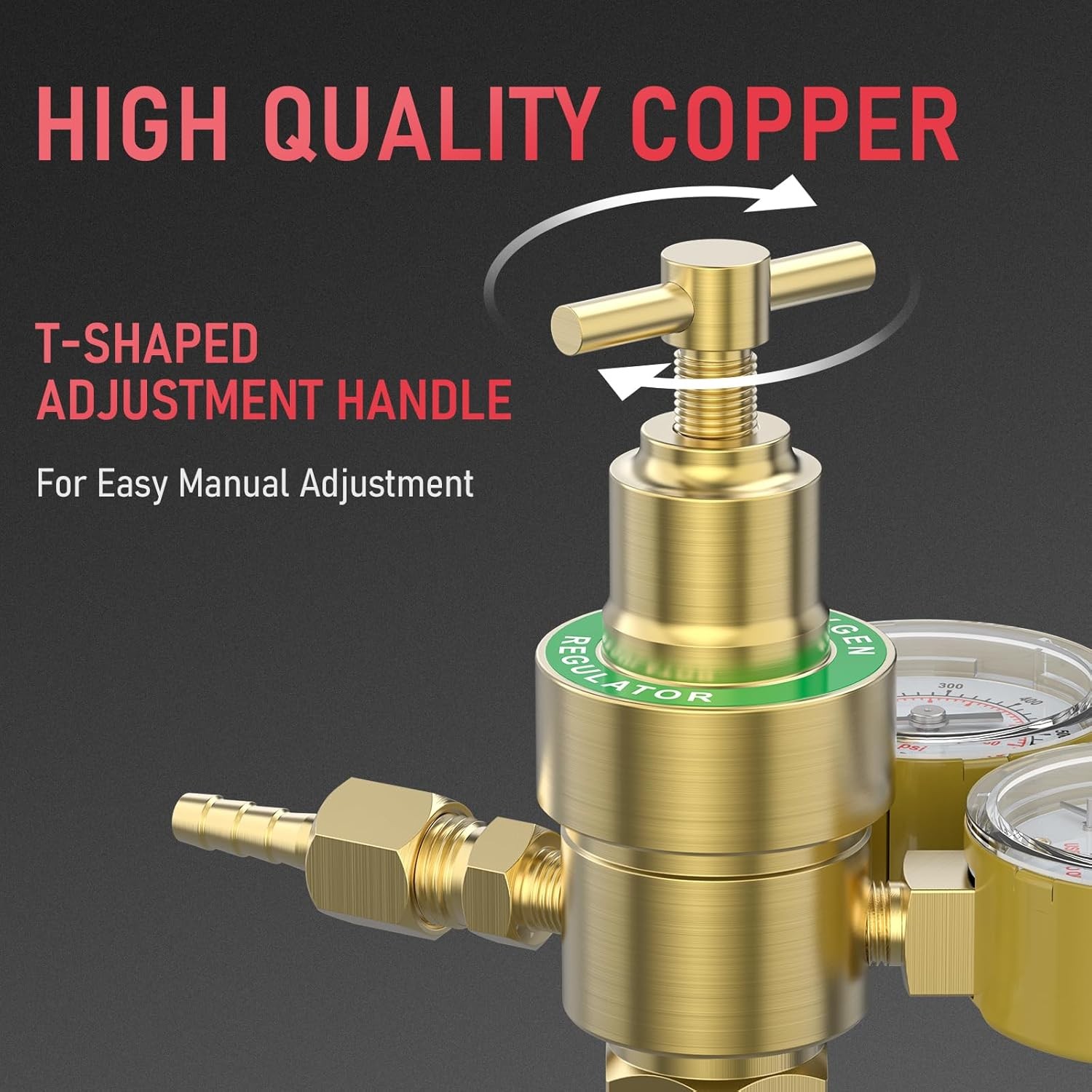Oxygen Regulator CGA540 0-4000PSI 0-100PSI Gauges with T-Handle & Hose Connector