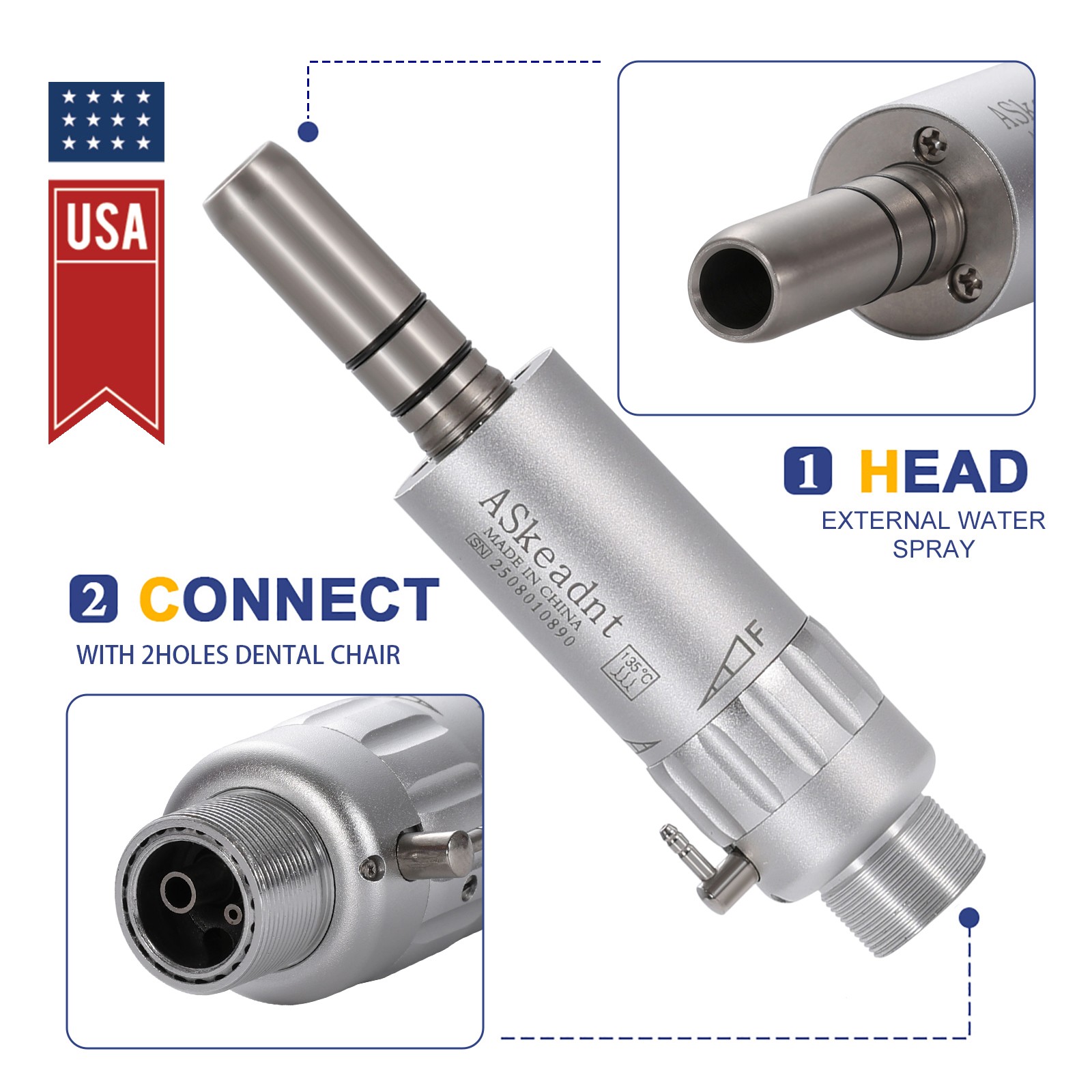 ASkeadnt Dental Slow Low Speed Handpiece Air Motor E-type 2 Holes Connector