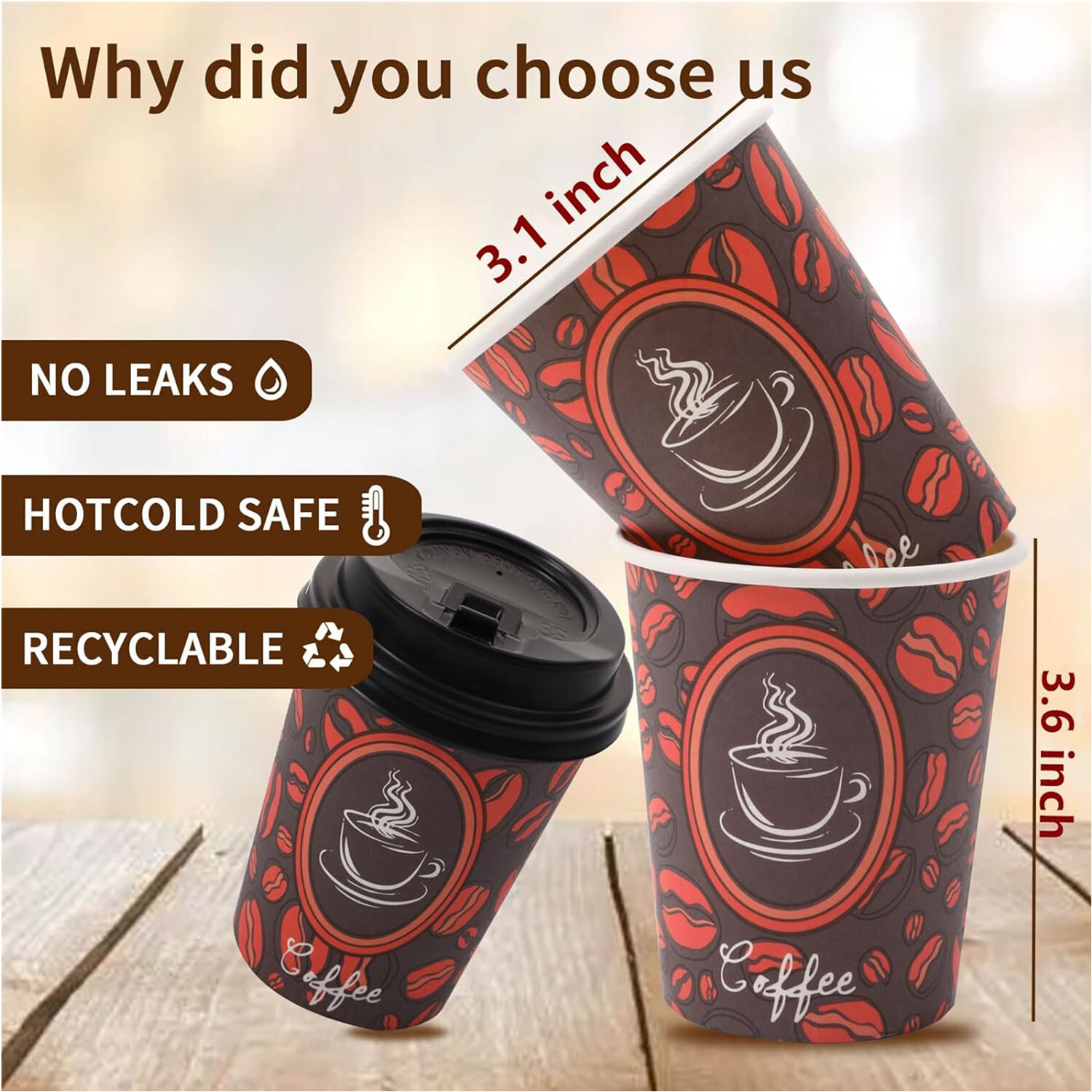 8oz Disposable Paper Cups w/ Lid Coffee Bean Design Cold/Hot Drinks 50-1000 Pack