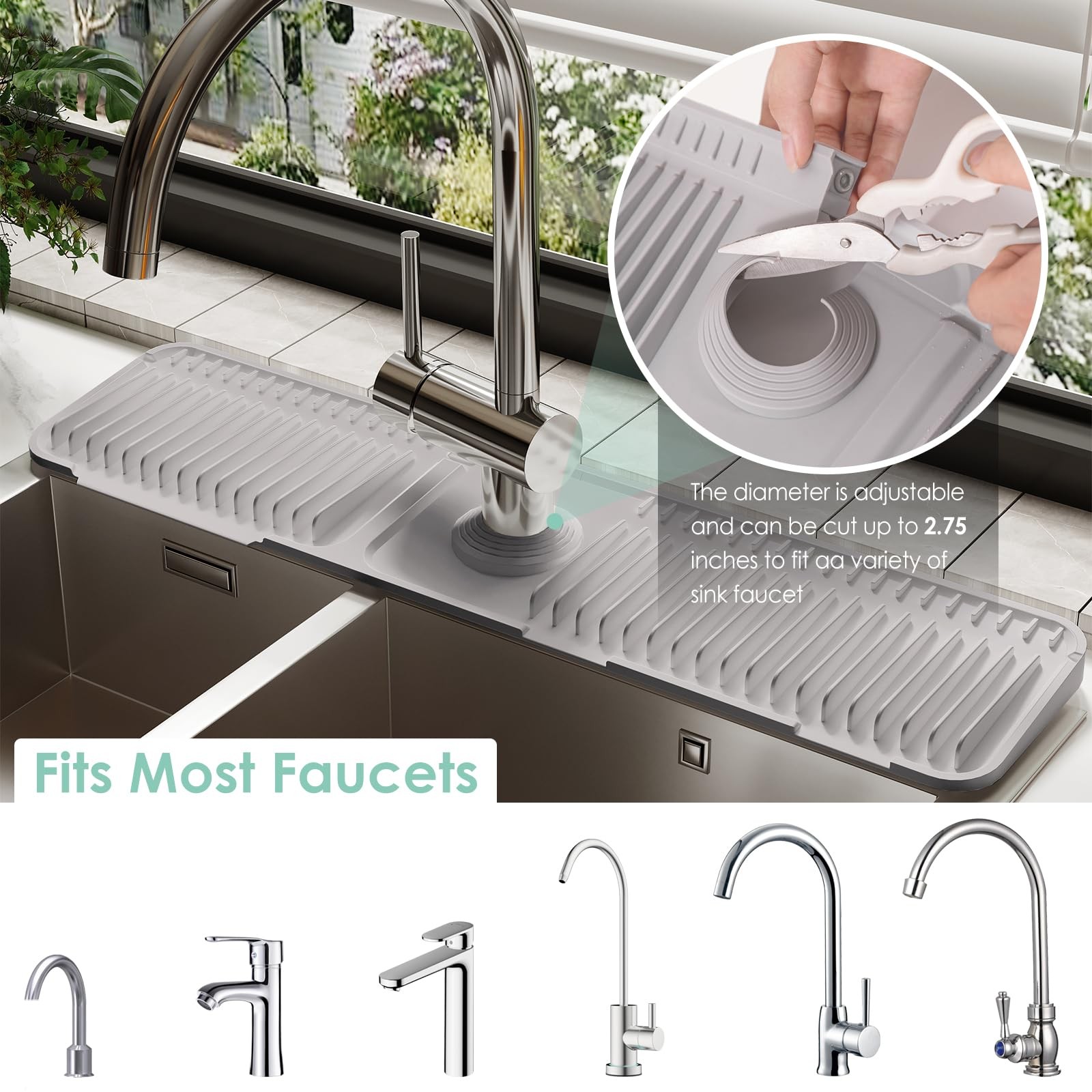 24 Inch Silicone Faucet Mat for Kitchen Sink Splash Guard – 7° Slope Water Drain