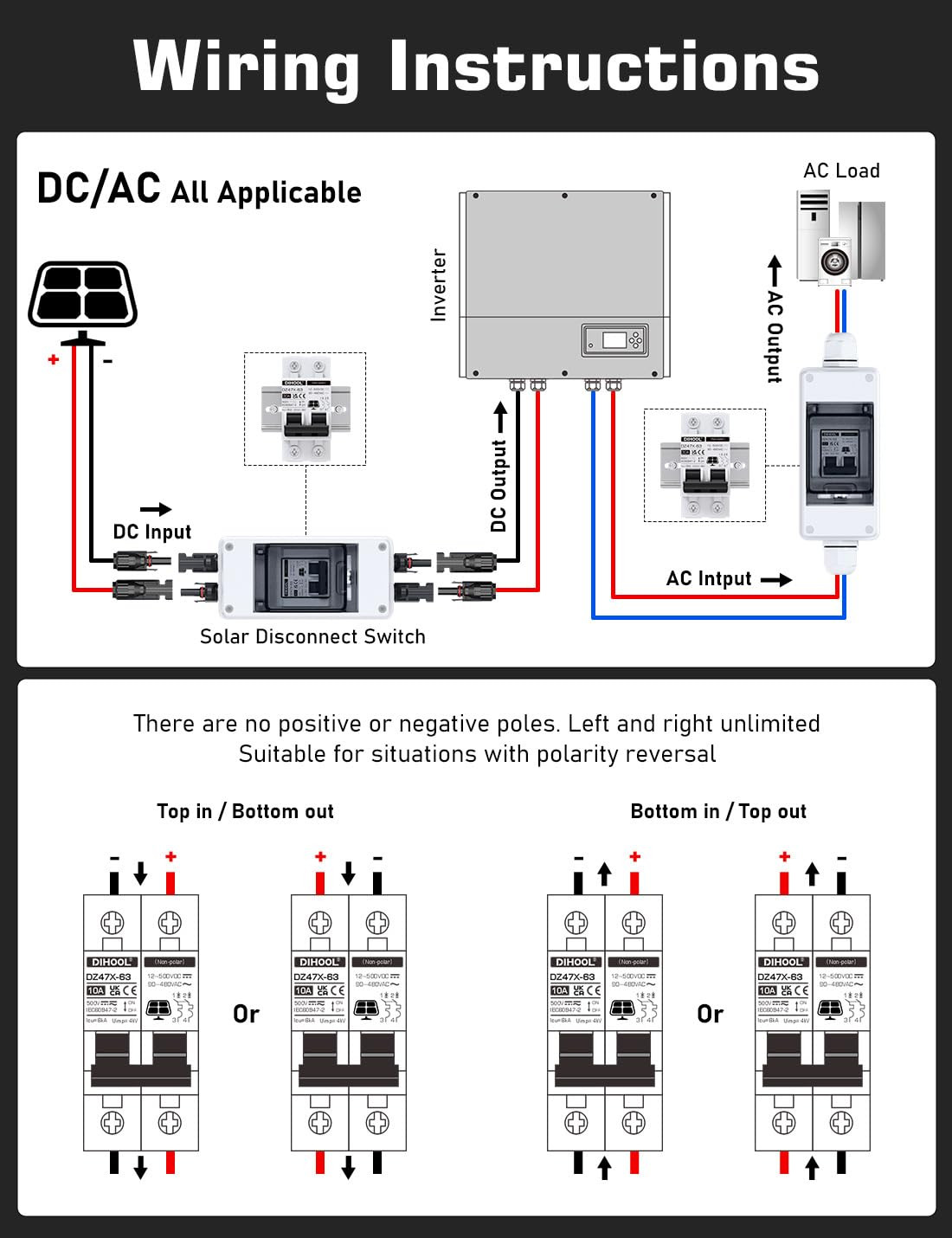 Solar Disconnect Switch, 30 Amp 2 Pole, DIN Rail Mount, Non Polarized, 12V 24V 4