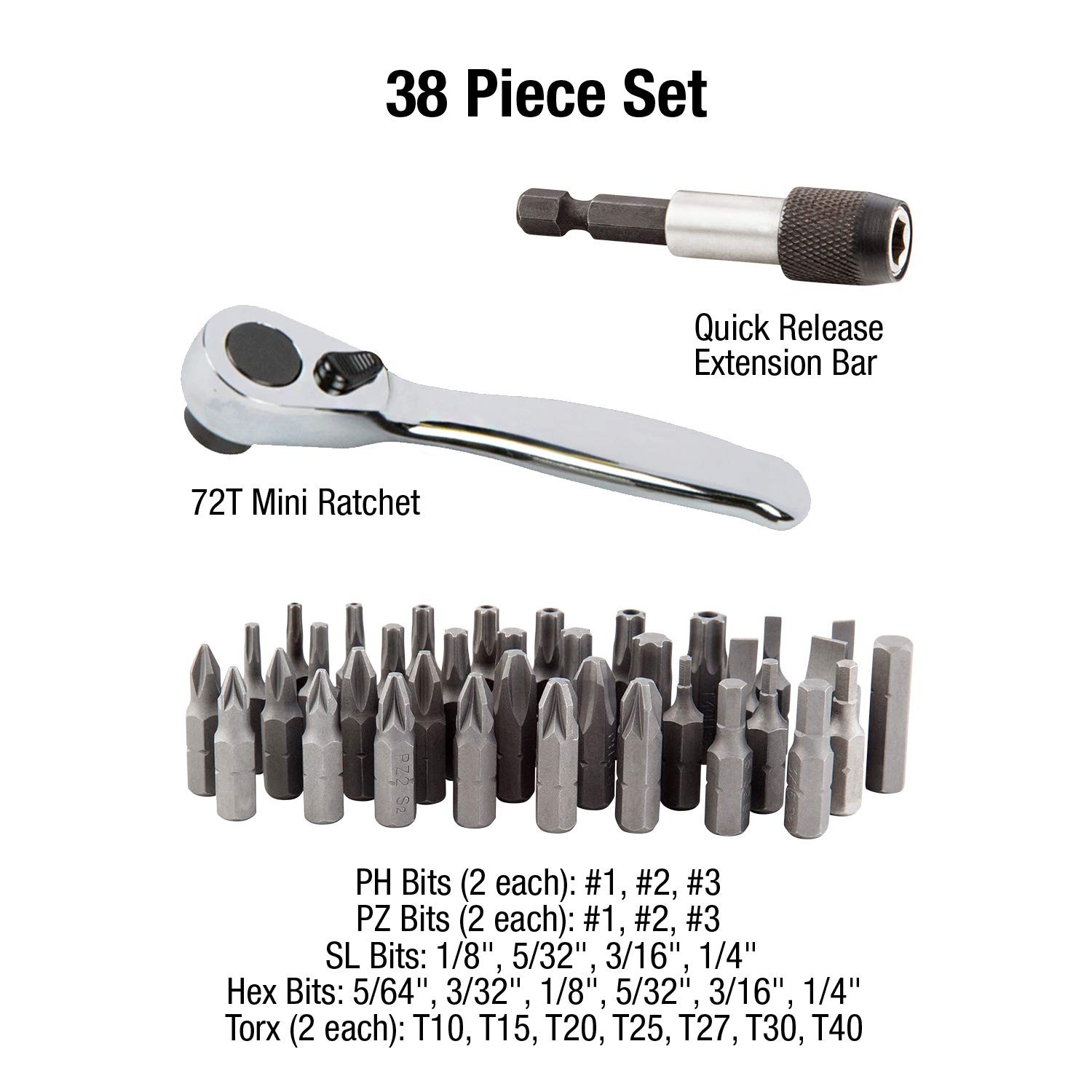 Sunex 9726 Mini Ratchet and Bit Set, 1/8-Inch – 1/4-Inch S2 38 Piece, Silver