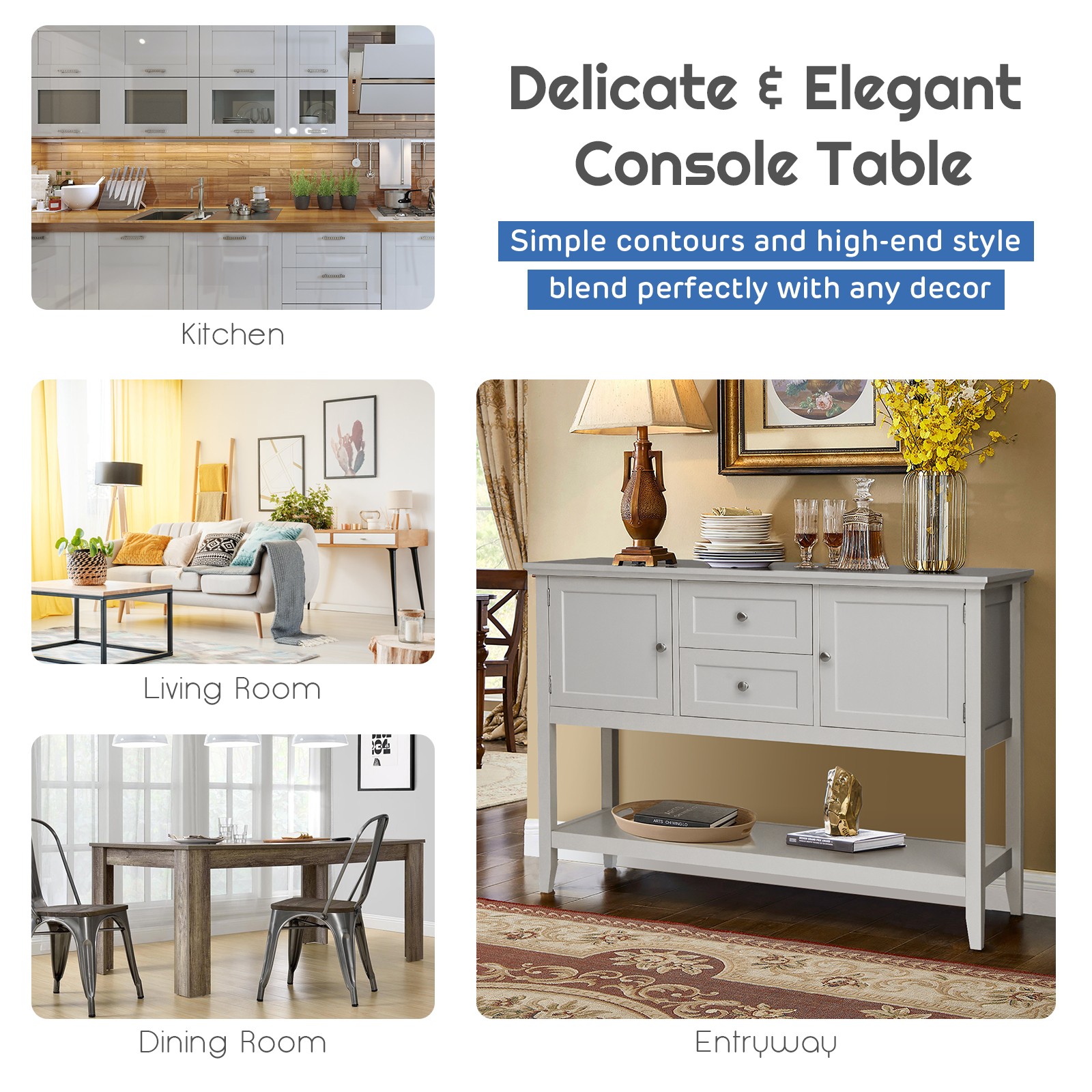 Costway Sideboard Buffet Table Wooden Console Table w/ Drawers & Cabinets Gray