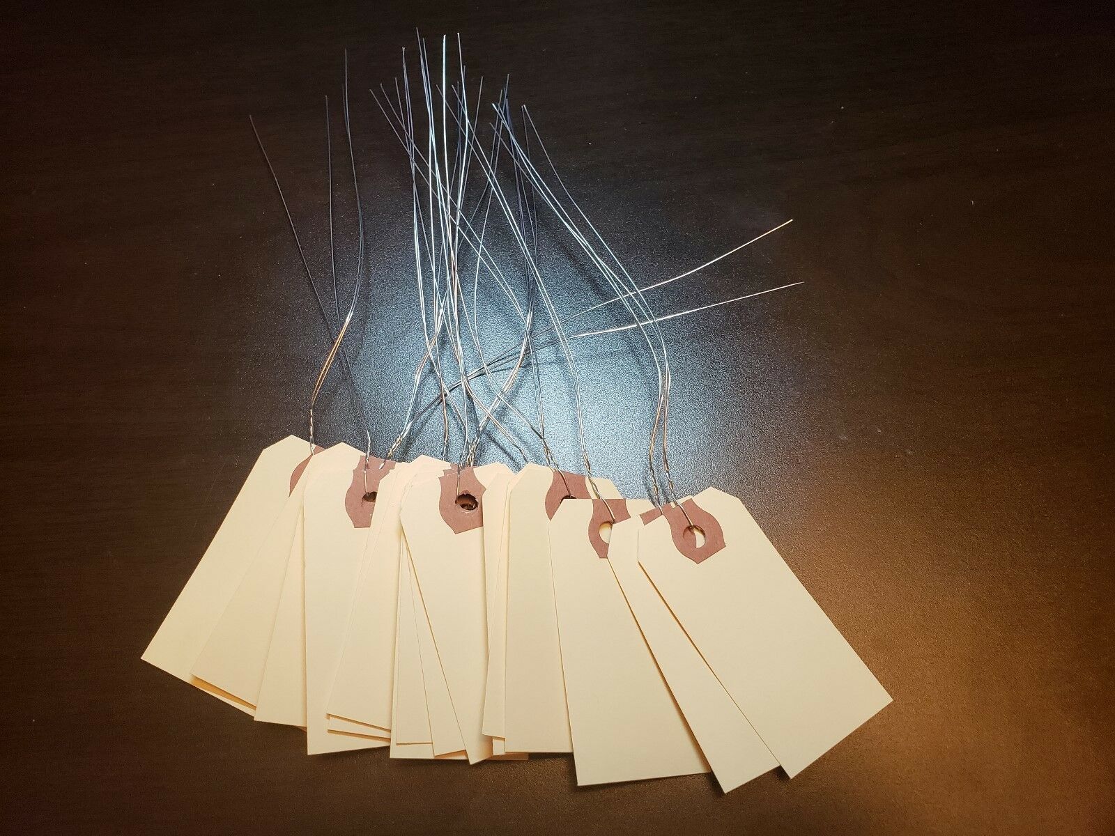Size 1 Manila Inventory Shipping Hang Tags with Wire 2 3/4″ x 1 3/8″ Wired Tags