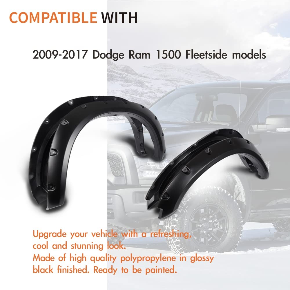 Riveted Black Fender Flares 4PCS Dodge Ram 1500 09-18 Classic 19-22 Excl R/T