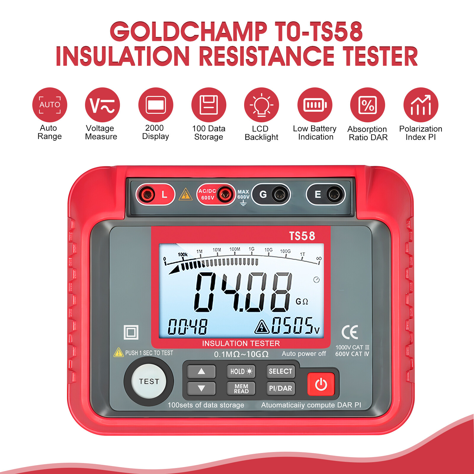 Digital Insulation Resistance Tester 20GΩ MegOhmMeter 50V-1000V Insulation Meter