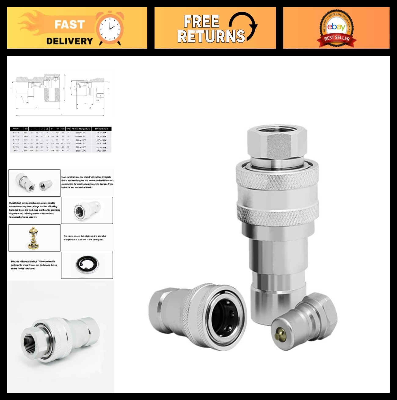 1/2″ NPT ISO 7241-B Hydraulic Coupler – Quick Connect/Disconnect Tractor Couplin