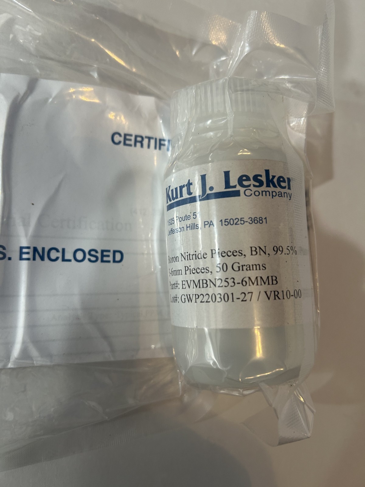 Kurt J. Lesker BN , Boron Nitride – P/N EVMBN253-6MMB – 99.5% Pure- 50 Grams