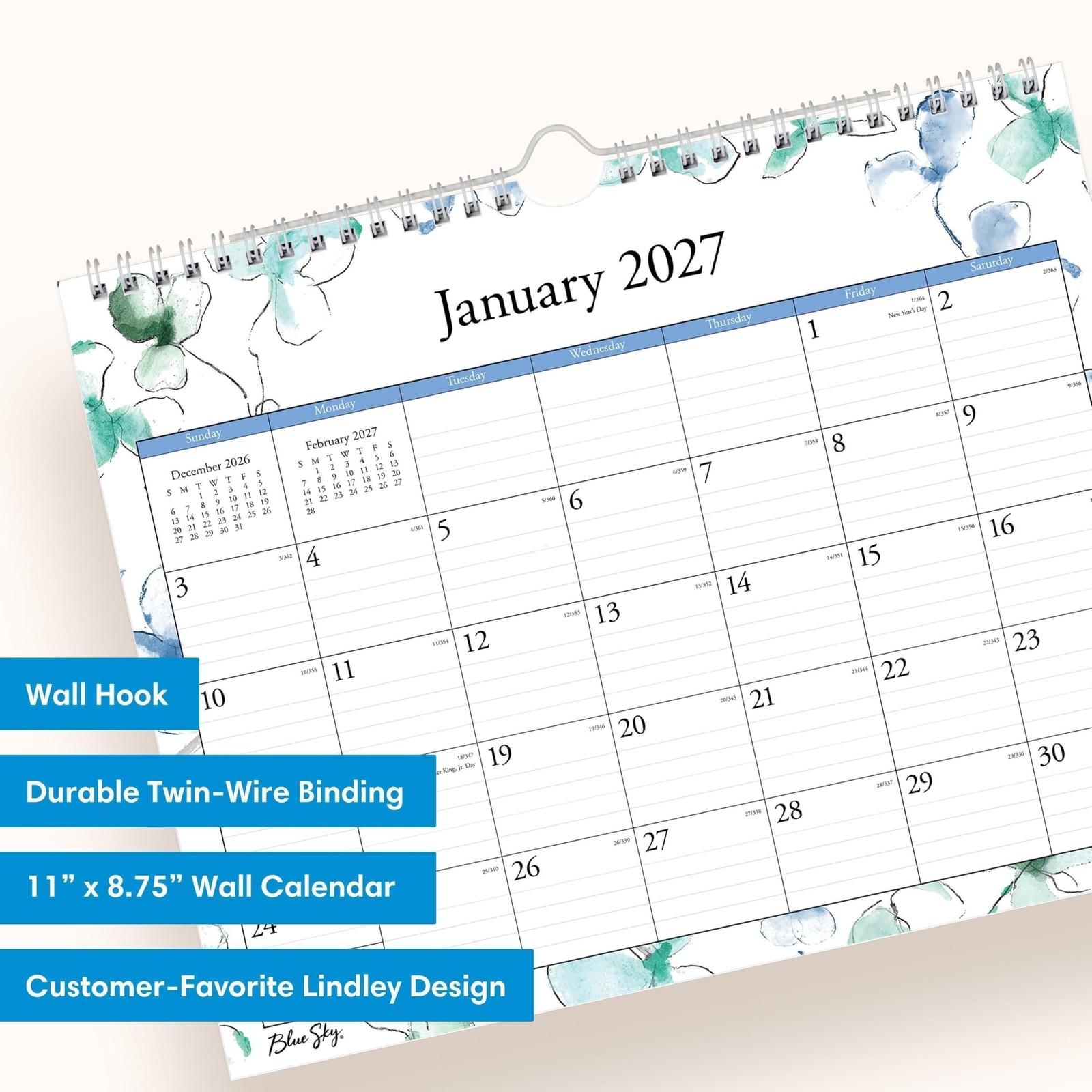 Blue Sky 2027 Monthly Wall Calendar, January 2027 – December 2027, Durable Tw…