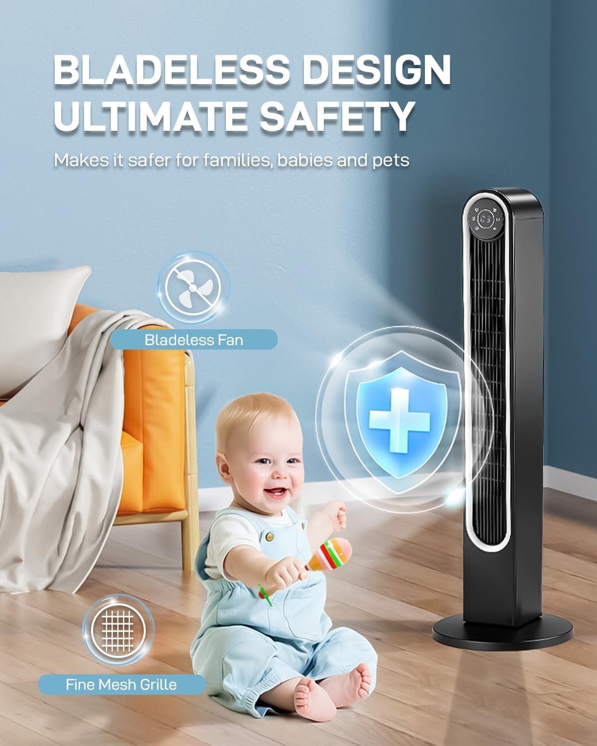 42″ Tower Fan for Bedroom, Standing Fan, 150° Oscillating Floor Fan with Remote