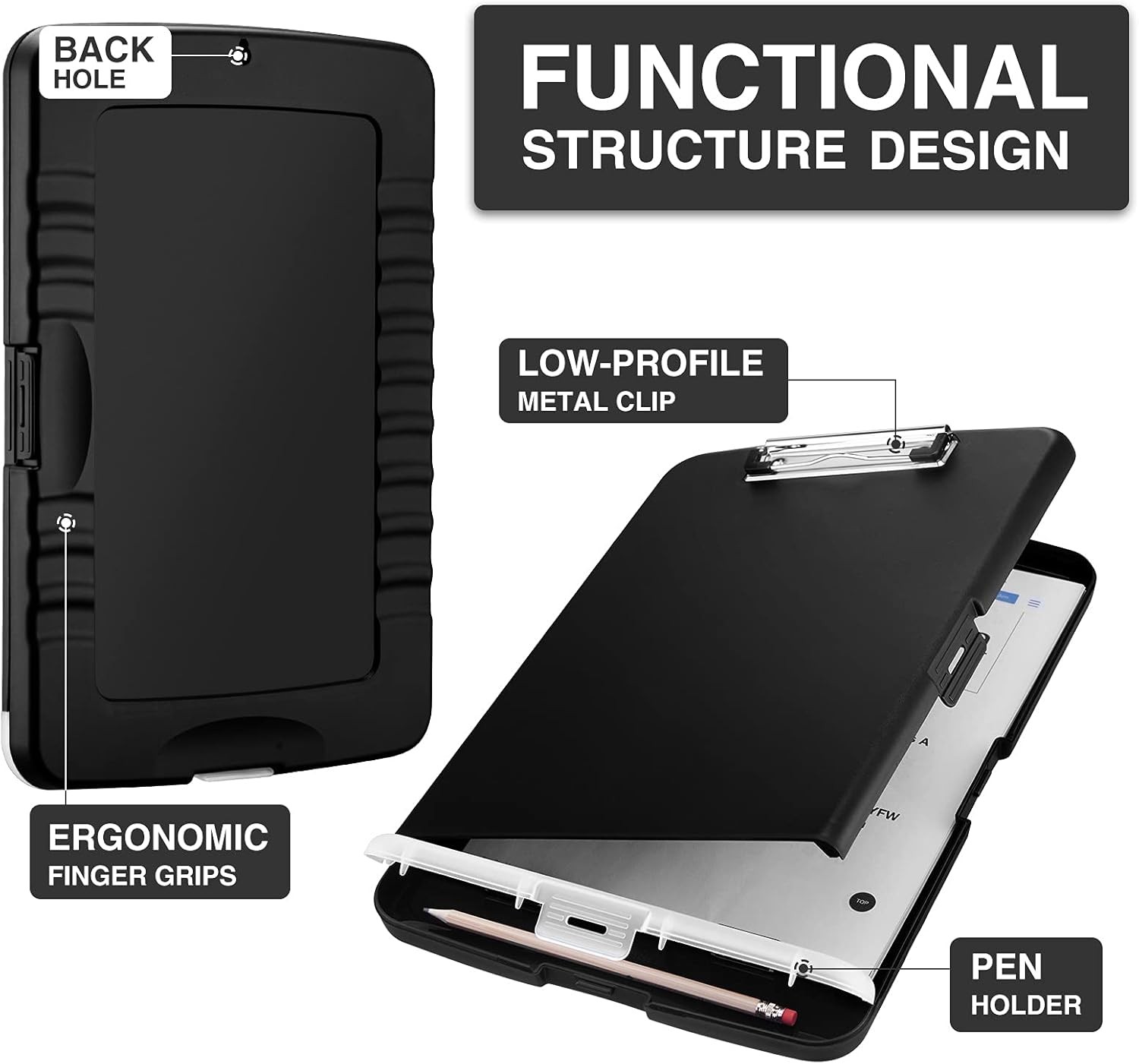 Sooez Clipboard with Storage, High Capacity 10″W x 1-1/4″D x 14-1/2″H, Black